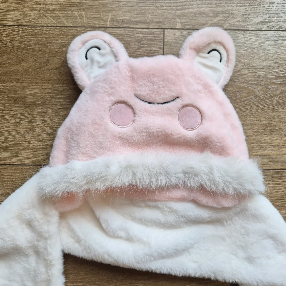 Pink White Plush Bear Hat Scarf Mittens 3 in 1 Hooded Pocket Scarf OS One Size